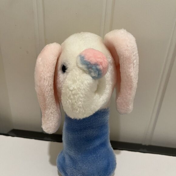 Elephant Rattle Plush Handle 7" Stuffed Vintage Blue White Eden Toys - Picture 4 of 9